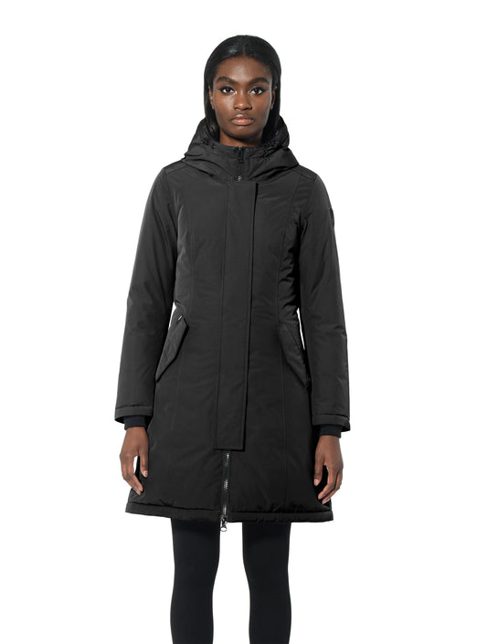 Ladies thigh length down-filled parka with non-removable hood and removable coyote fur trim in Black + Black