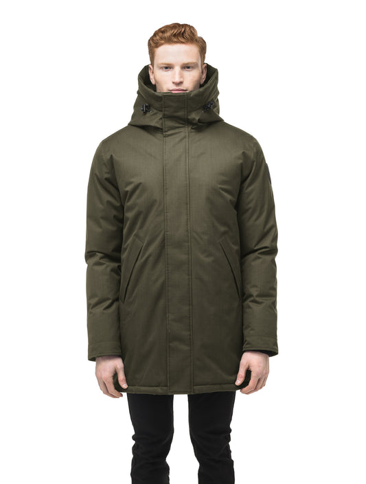 Pierre Men's Jacket in thigh length, Canadian white duck down insulation, non-removable down-filled hood, angled waist pockets, centre-front zipper with wind flap, and elastic ribbed cuffs, in CH Fatigue + CH Fatigue