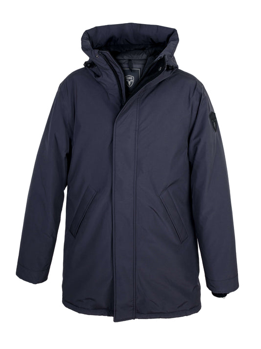 Pierre Men's Jacket in thigh length, Canadian white duck down insulation, non-removable down-filled hood, angled waist pockets, centre-front zipper with wind flap, and elastic ribbed cuffs, in 3L Black + 3L Black