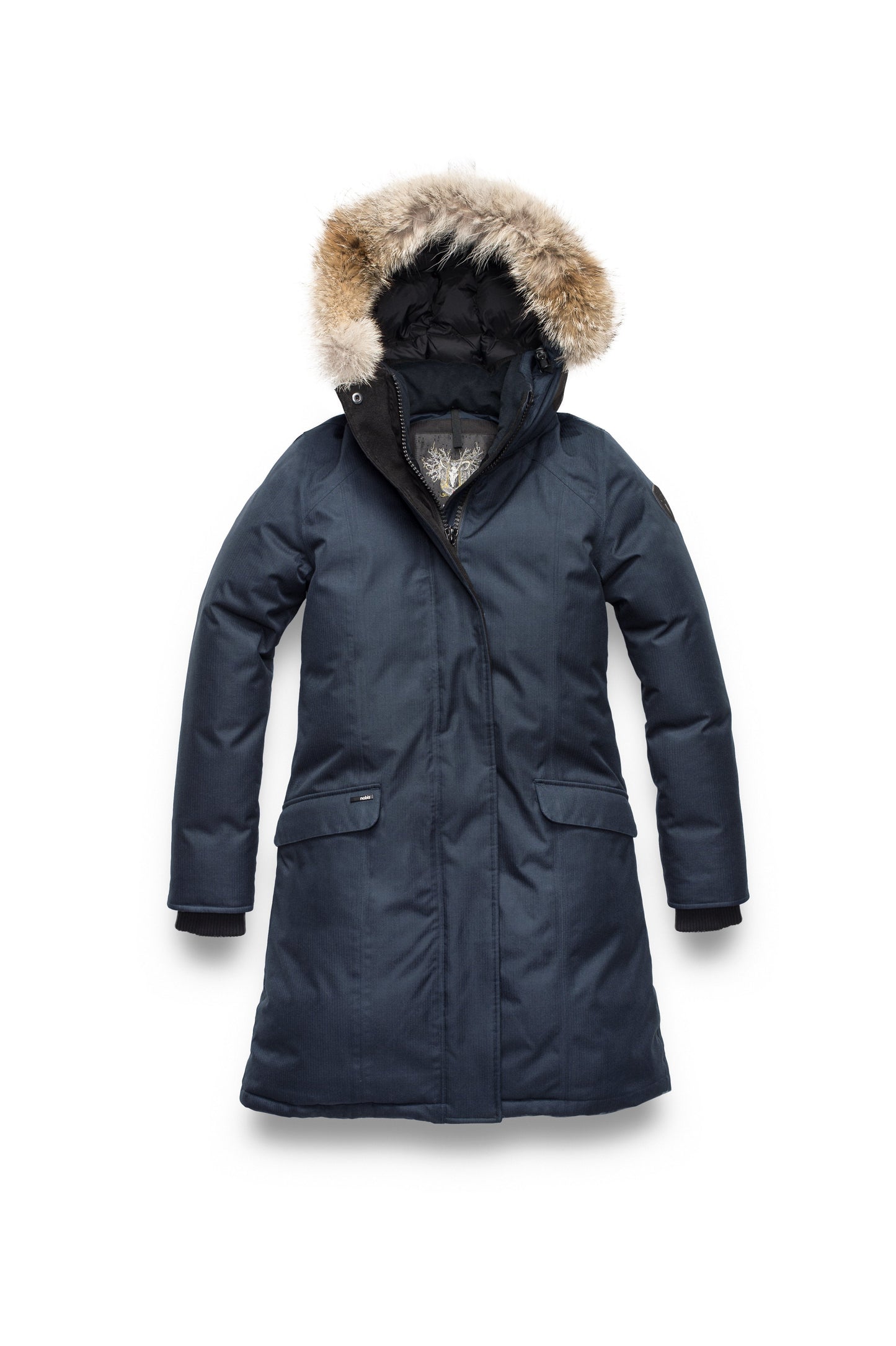 Rebecca Women's Parka in knee length, Canadian duck down insulation, two-way zipper with magnetic front placket, non-removable hood with removable coyote fur trim, in Navy