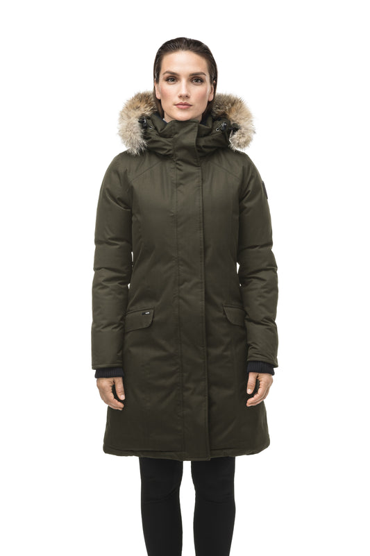 Rebecca Women's Parka in knee length, Canadian duck down insulation, two-way zipper with magnetic front placket, non-removable hood with removable coyote fur trim, in Fatigue + Fatigue