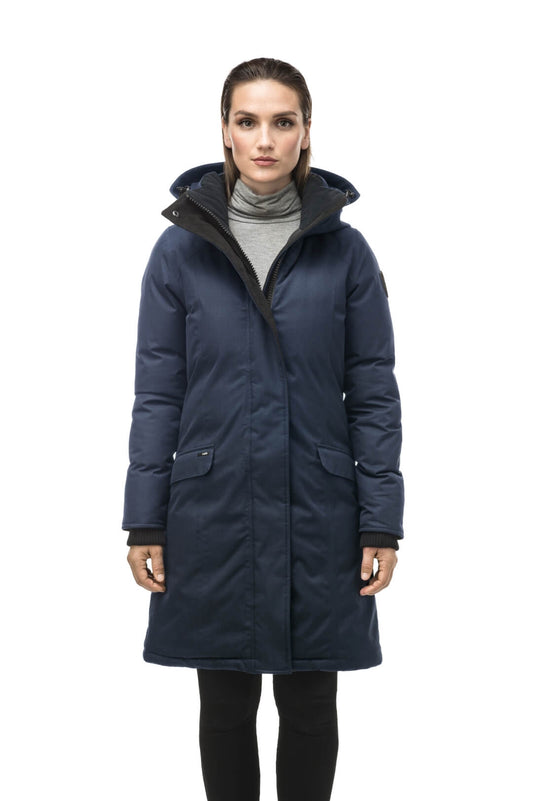 Rebecca Women's Parka in knee length, Canadian duck down insulation, two-way zipper with magnetic front placket, non-removable hood with removable coyote fur trim, in Navy + Navy