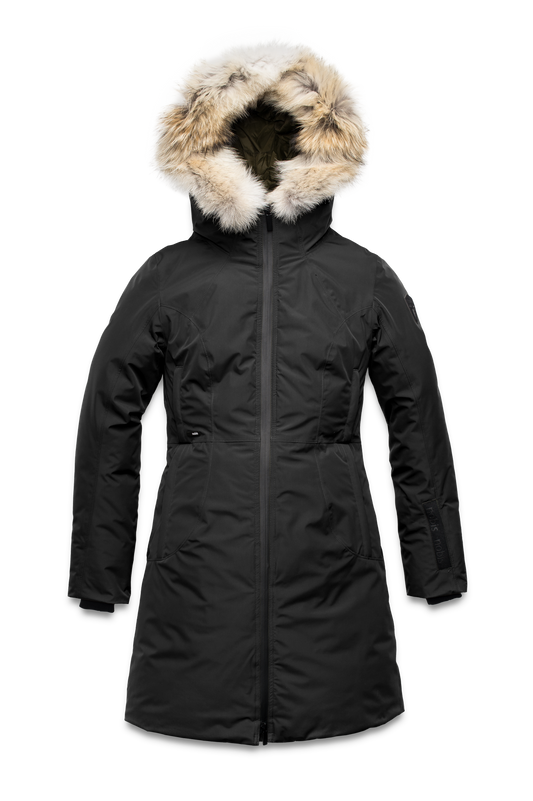 Ladies thigh length down-filled parka with non-removable hood and removable coyote fur trim in Black + Black