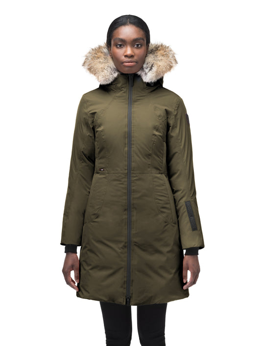 Ladies thigh length down-filled parka with non-removable hood and removable coyote fur trim in Fatigue + Fatigue