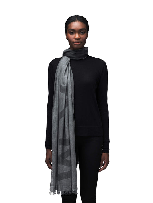 Six and a half foot long, unisex linen blend scarf with "MAFUZZY" text print in Concrete + Concrete