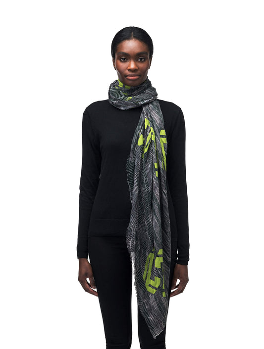 Square shaped, unisex linen blend scarf with "S" monogram print in Dark Sandstorm + Dark Sandstorm