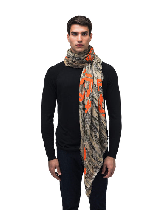 Square shaped, unisex linen blend scarf with "S" monogram print in Green Sandstorm + Green Sandstorm