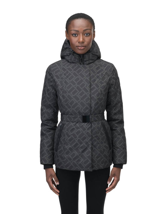 Ladies hip length down-filled parka with non-removable hood and adjustable belt in Dark Monogram + Dark Monogram