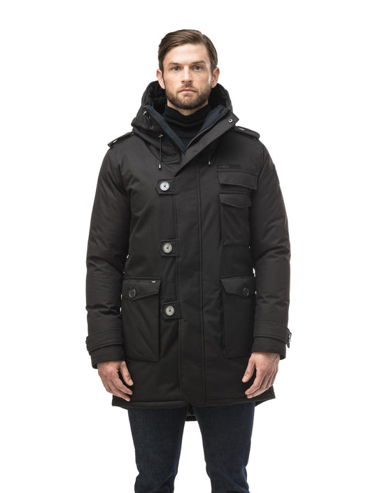 Men's down filled parka with faux button magnet closures and fur free hood with a fishtail hemline in Black + Black