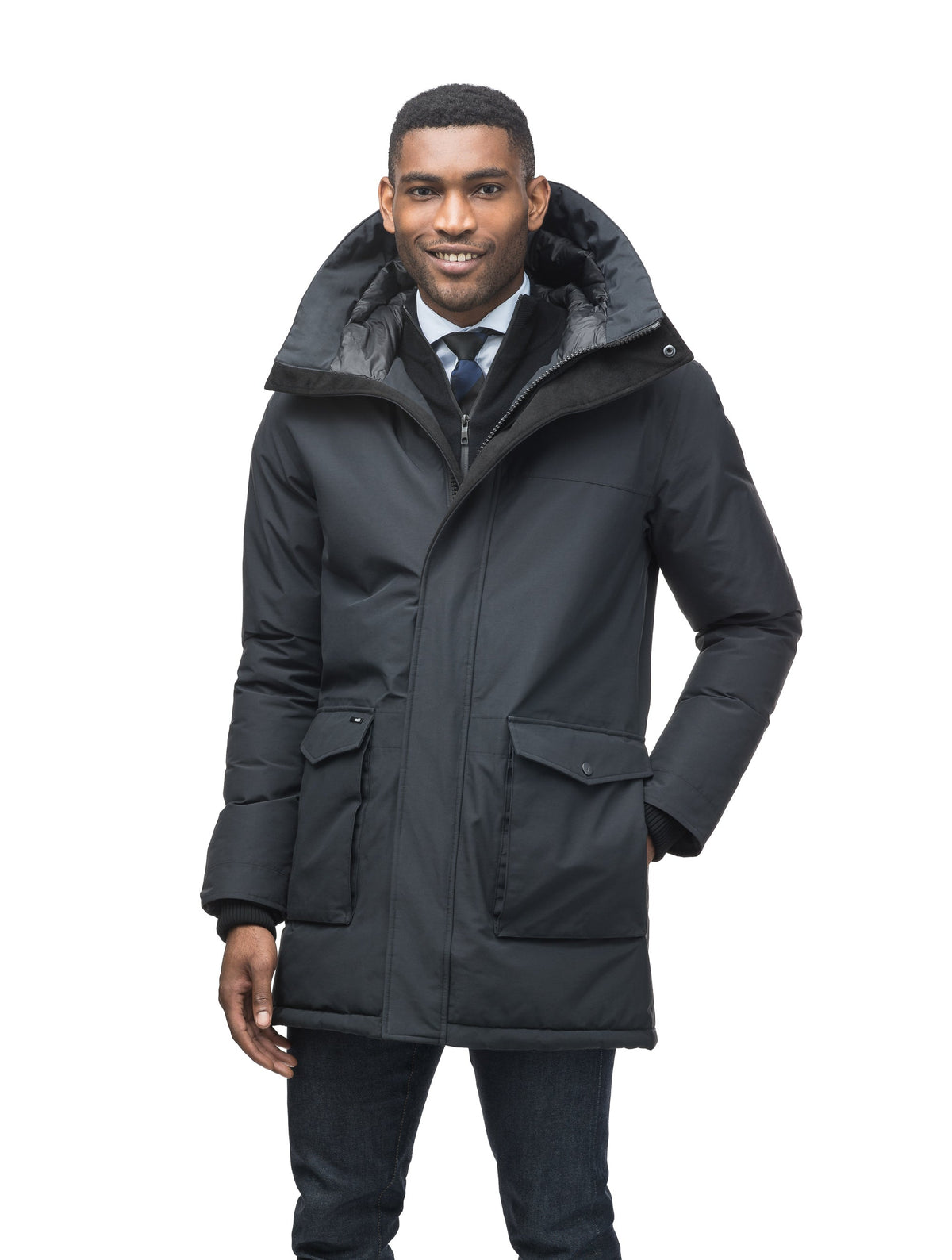 Men's lightweight thigh length down filled parka in Black