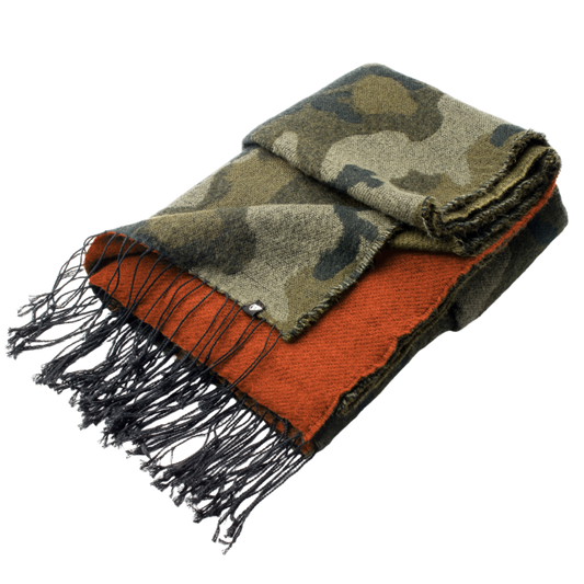 Over sized acrylic scarf that is just over six feet long just over two and a half feet wide, one side has a Camo print and the other side is orange with a dark green tassel trim + Camo