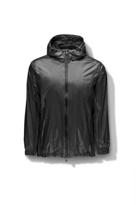 Stratus Men's Tailored Packable Rain Jacket in hip length, premium cire technical nylon taffeta and stretch ripstop fabrication, highly breathable mesh lining, hidden packable pocket, non-removable hood with adjustable draw cord, reflective piping along front and back, underarm grommets for extra breathability, back yoke with mesh ventilation, two waist zipper pockets, two interior zipper pockets, elastic cuffs with adjustable snap button, and adjustable interior draw cord at waist hem, in Black + Black