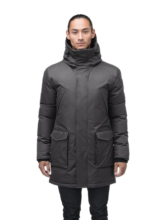 Men's thigh length down-filled parka with non-removable hood in Steel Grey + Steel Grey