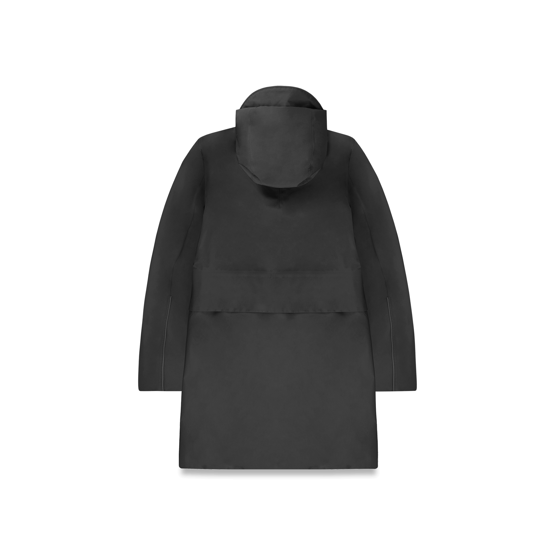 Upton long jacket in Black in 3-ply Micro Denier fabric with DWR coating, featuring a two-way zipper with magnetic closure, hidden mesh ventilation, and underarm vents. Designed for weather protection and tailored comfort.