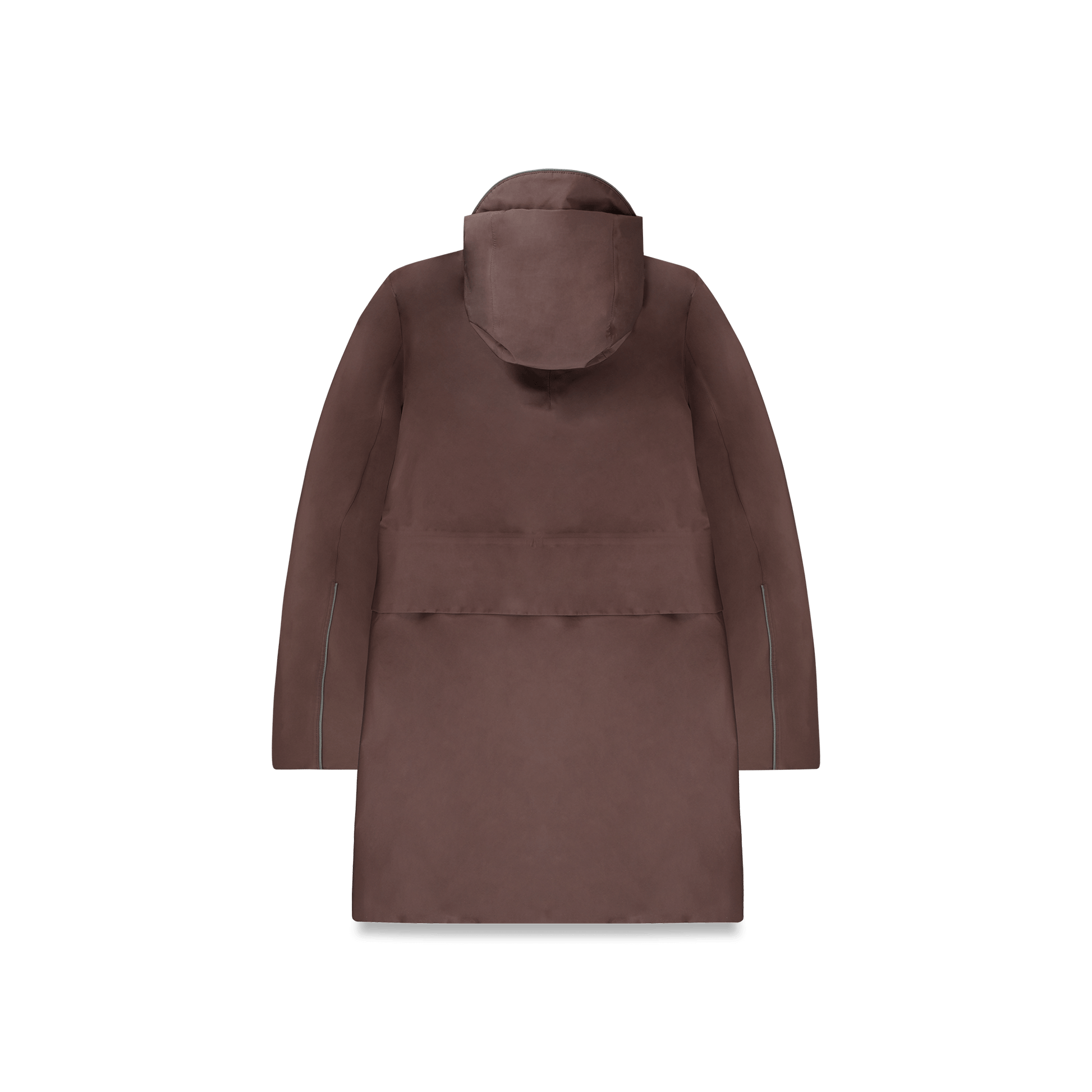 Upton long jacket in Coffee Bean in 3-ply Micro Denier fabric with DWR coating, featuring a two-way zipper with magnetic closure, hidden mesh ventilation, and underarm vents. Designed for weather protection and tailored comfort.