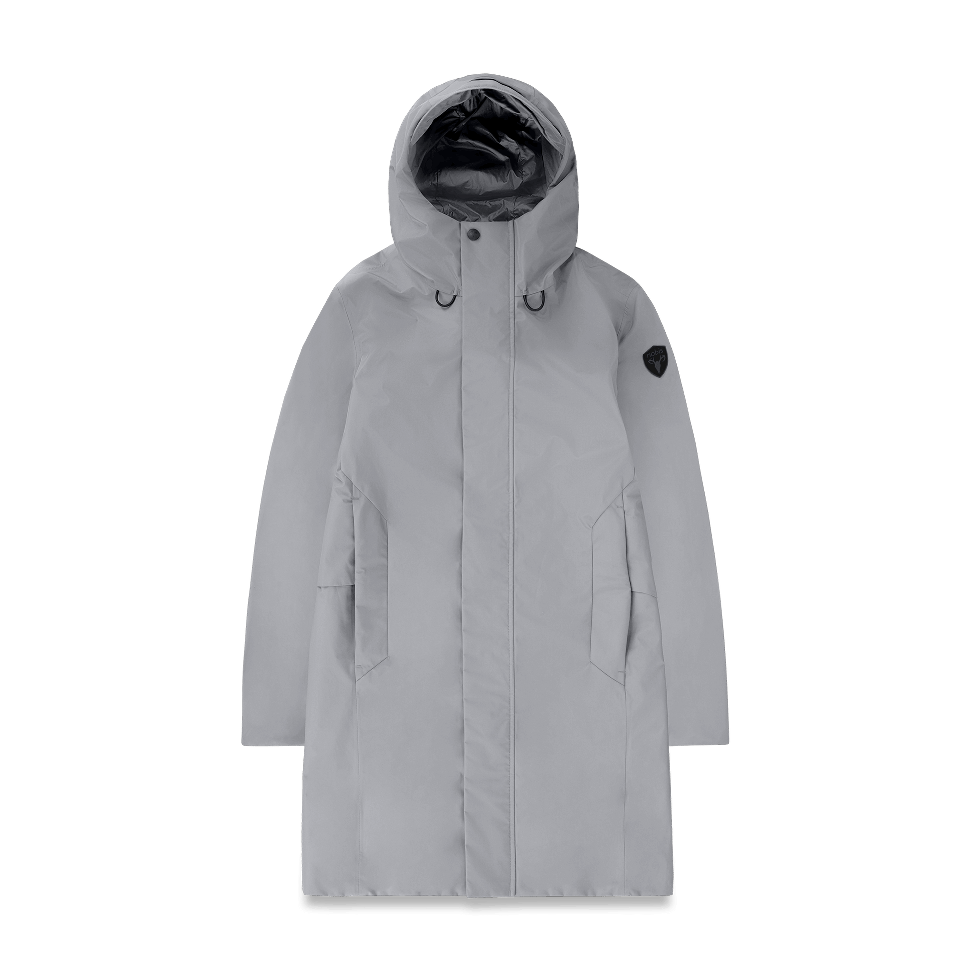 Upton long jacket in Concrete in 3-ply Micro Denier fabric with DWR coating, featuring a two-way zipper with magnetic closure, hidden mesh ventilation, and underarm vents. Designed for weather protection and tailored comfort.