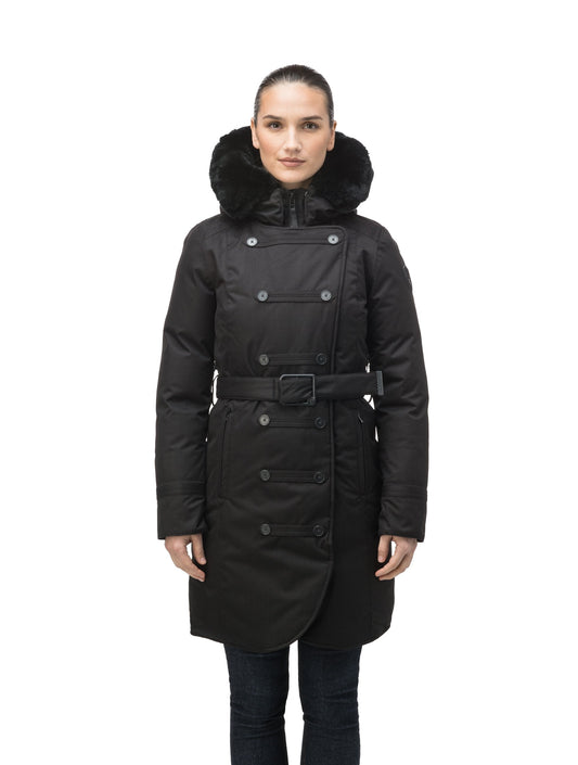 Women's down filled calf length parka with belted waist, and removable Rex Rabbit fur collar in CH Black + CH Black