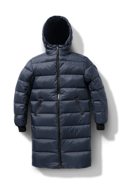 Men's knee length reversible down-filled parka with non-removable hood in Marine + Marine