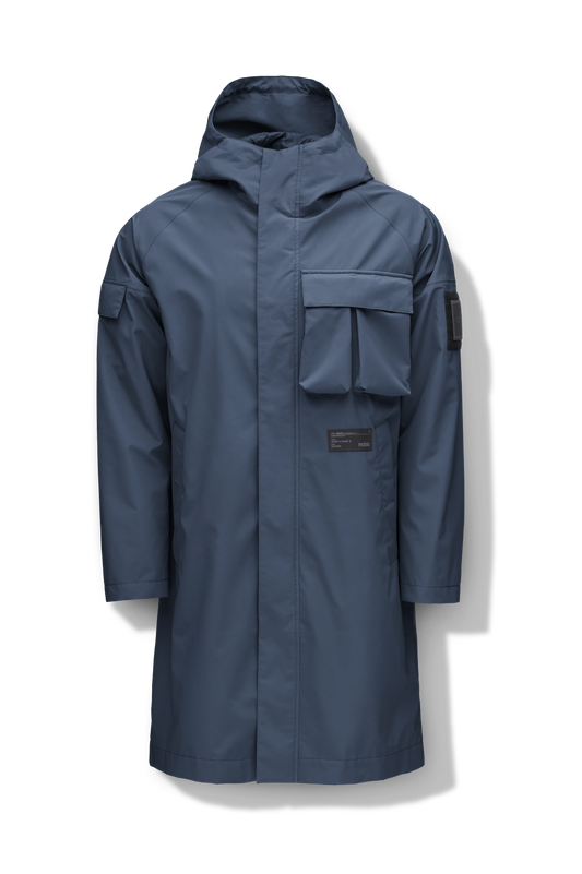 Wylder Men's Performance Rain Jacket in knee length, premium 3-ply Micro Denier and stretch ripstop fabrication, non-removable hood with reflective piping and adjustable draw cord, split utility chest pocket with magnetic flap closure, single welt pockets with magnetic closure at waist, back yoke with mesh ventilation, snap button wind flap, two-way branded zipper at centre front, telescopic sleeves with elasticized cuffs, interior draw cord at waist, in Marine + Marine
