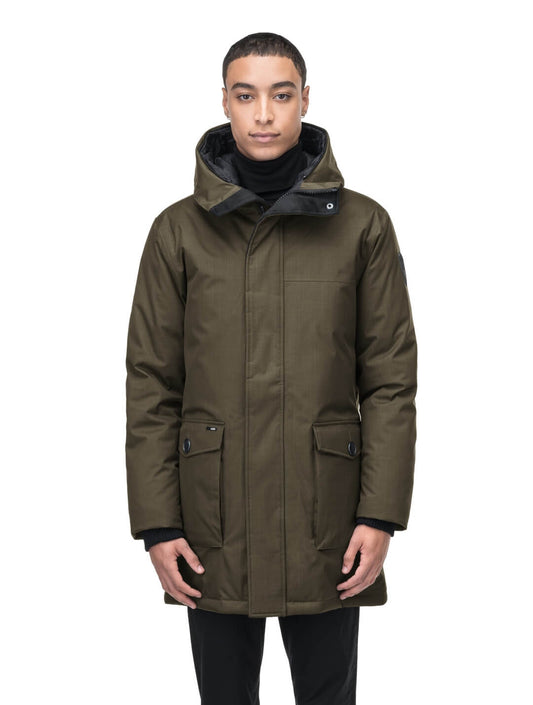 Men's slim fitting waist length parka with removable fur trim on the hood and two waist patch pockets in CH Fatigue + CH Fatigue