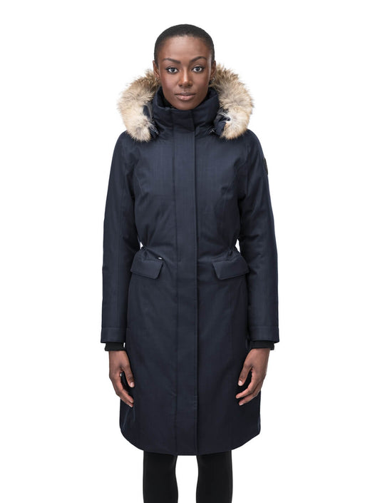 Zenith Ladies Knee Length Parka in knee length, Canadian duck down insulation, removable hood with removable fur ruff trim, and two-way front zipper, in Navy + Navy