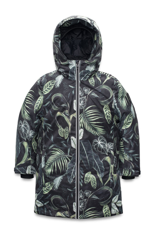 Little Comet Kids Parka in thigh length, Canadian duck down insulation, non-removable hood, two-way front zipper, packable body, in Foliage + Foliage