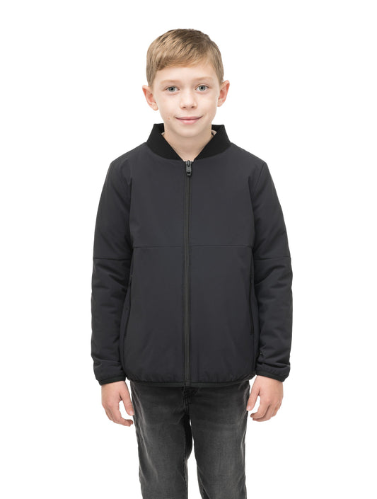 Little Ursa Kids Mid Layer Jacket in hip length, Primaloft Gold Insulation Active, ribbed collar, and two-way front zipper, in Black + Black