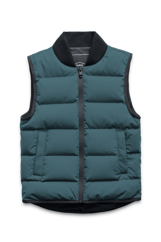 Little Pluto Kids Mid Layer Vest in hip length, Canadian duck down insulation, ribbed collar, two-way front zipper, and quilted body, in Pine + Pine