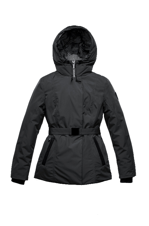 Ladies hip length down-filled parka with non-removable hood and adjustable belt in Black + Black