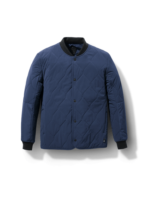 Speck Men's Tailored Mid Layer Jacket in hip length, Primaloft Gold Insulation Active+, diamond quilted body, rib knit collar and cuffs, snap buton front closure, and hidden side-entry zipper pockets at waist, in Blueprint + Blueprint