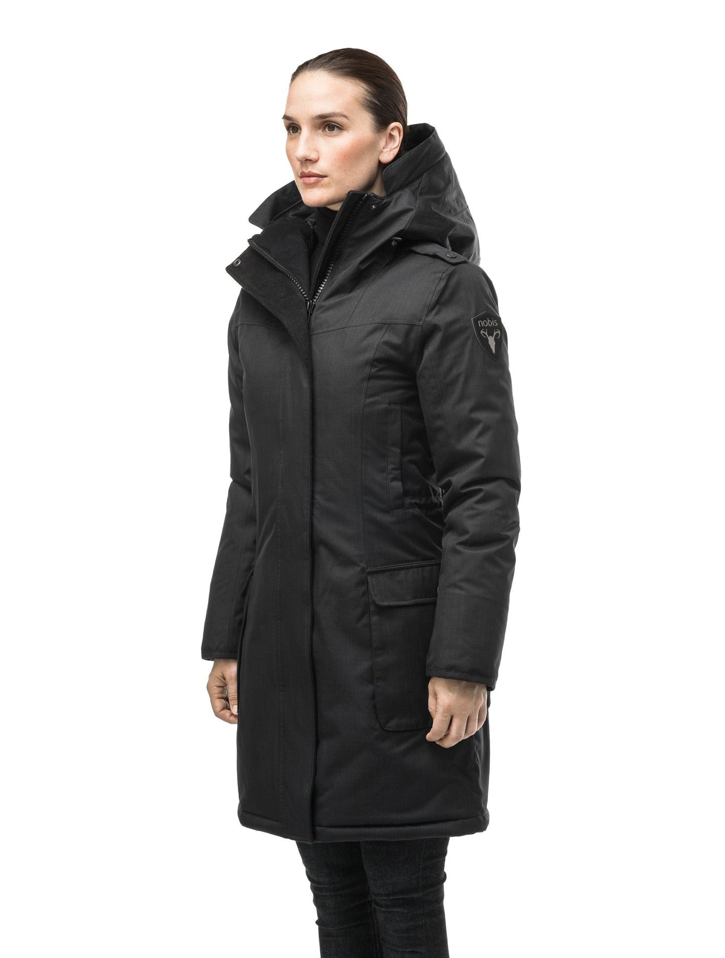 Women's knee length down filled parka with fur trim hood in CH Black