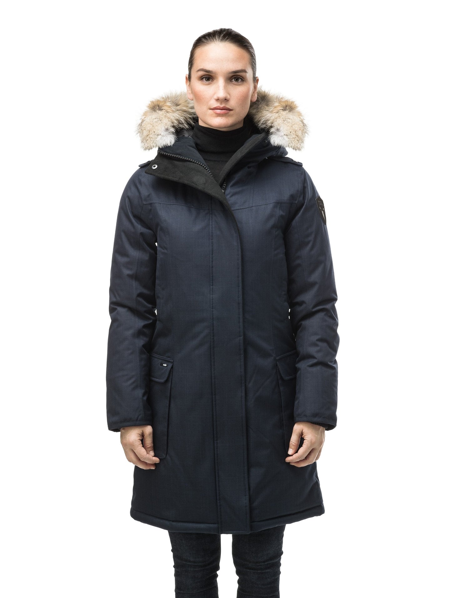 Women's knee length down filled parka with fur trim hood in CH Navy