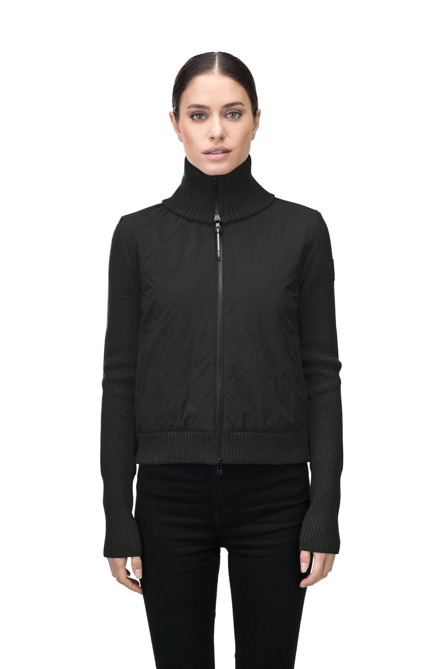 Ada Ladies Quilted Full Zip Sweater in hip length, PrimaLoft Gold Insulation Active+, Durable 4-Way Stretch Weave quilted torso, Merino wool knit collar, sleeves, back, and cuffs, two-way front zipper, and hidden waist pockets, in Black