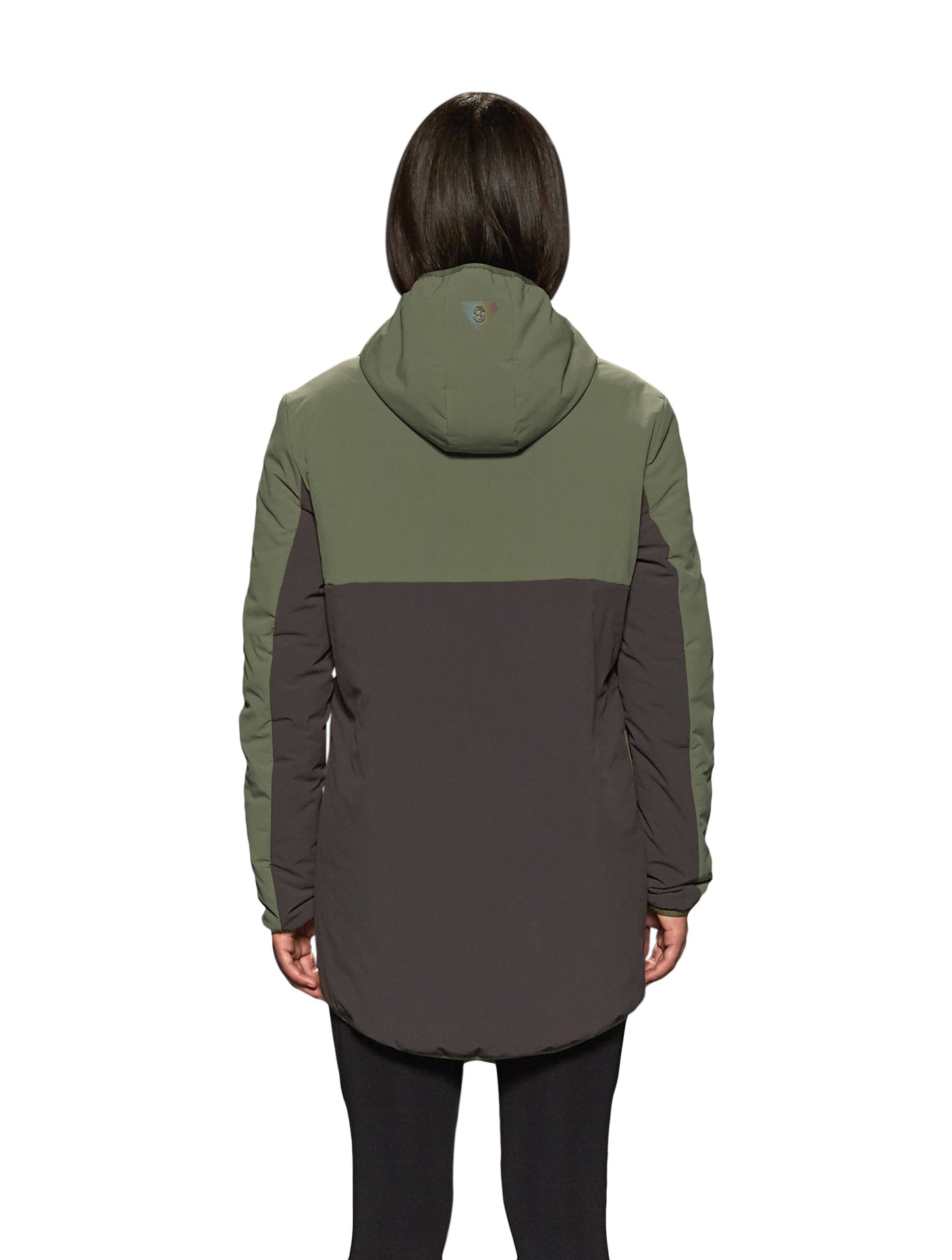 Unisex thigh length hooded anorak with vertical zipper along collar, side zippers along torso, and centre zipper pouch with a reflective flap, in Dusty Olive/Licorice