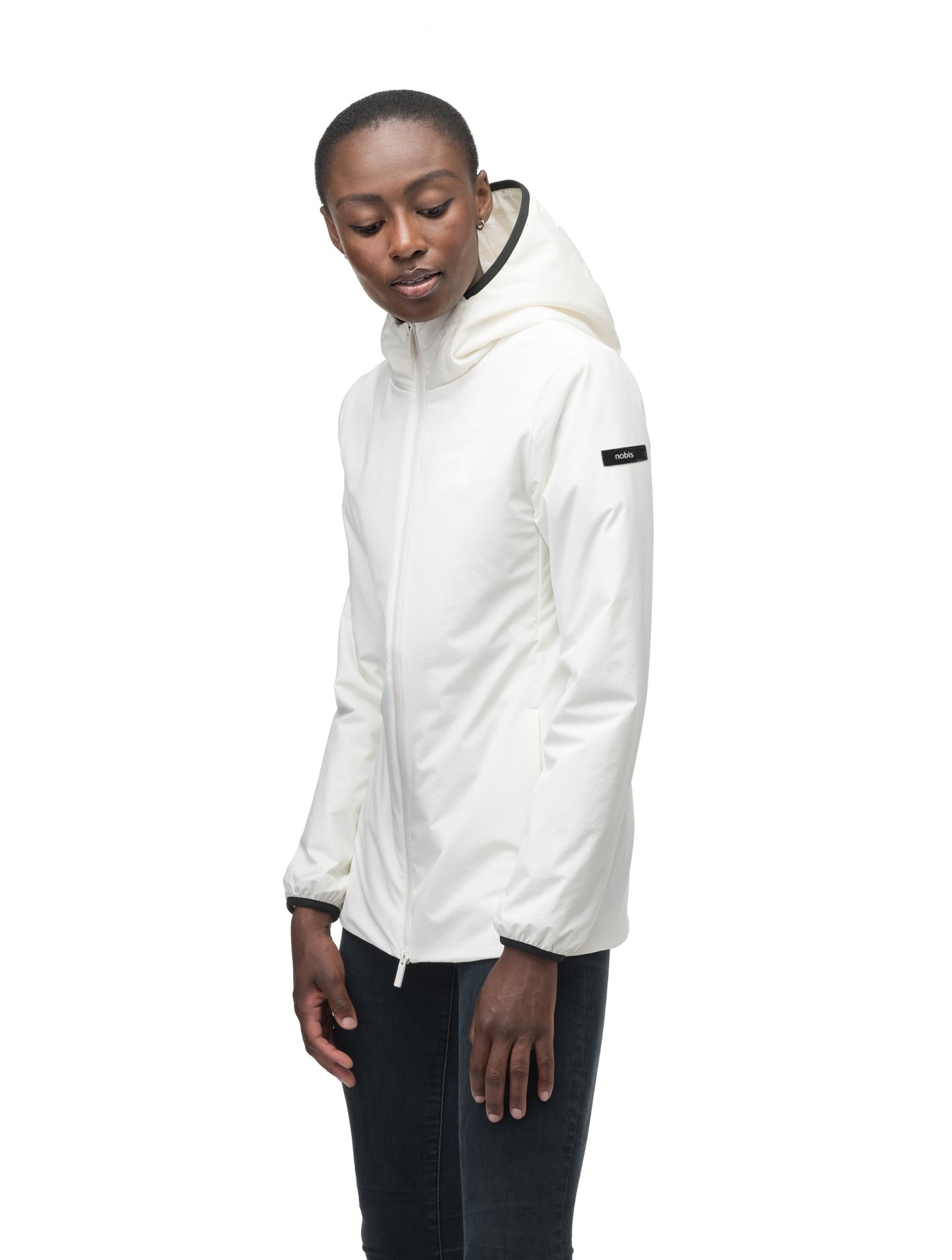 Ladies hip length mid layer jacket with non-removable hood and two-way zipper in Chalk