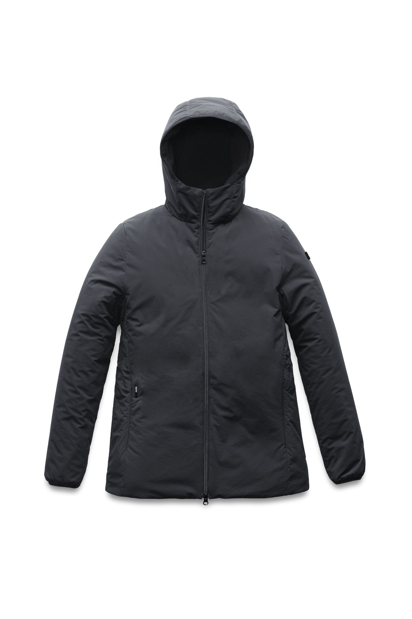 Ladies hip length mid layer jacket with non-removable hood and two-way zipper in Black