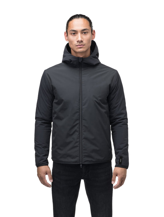 Men's hip length mid layer jacket with non-removable hood and two-way zipper in Black