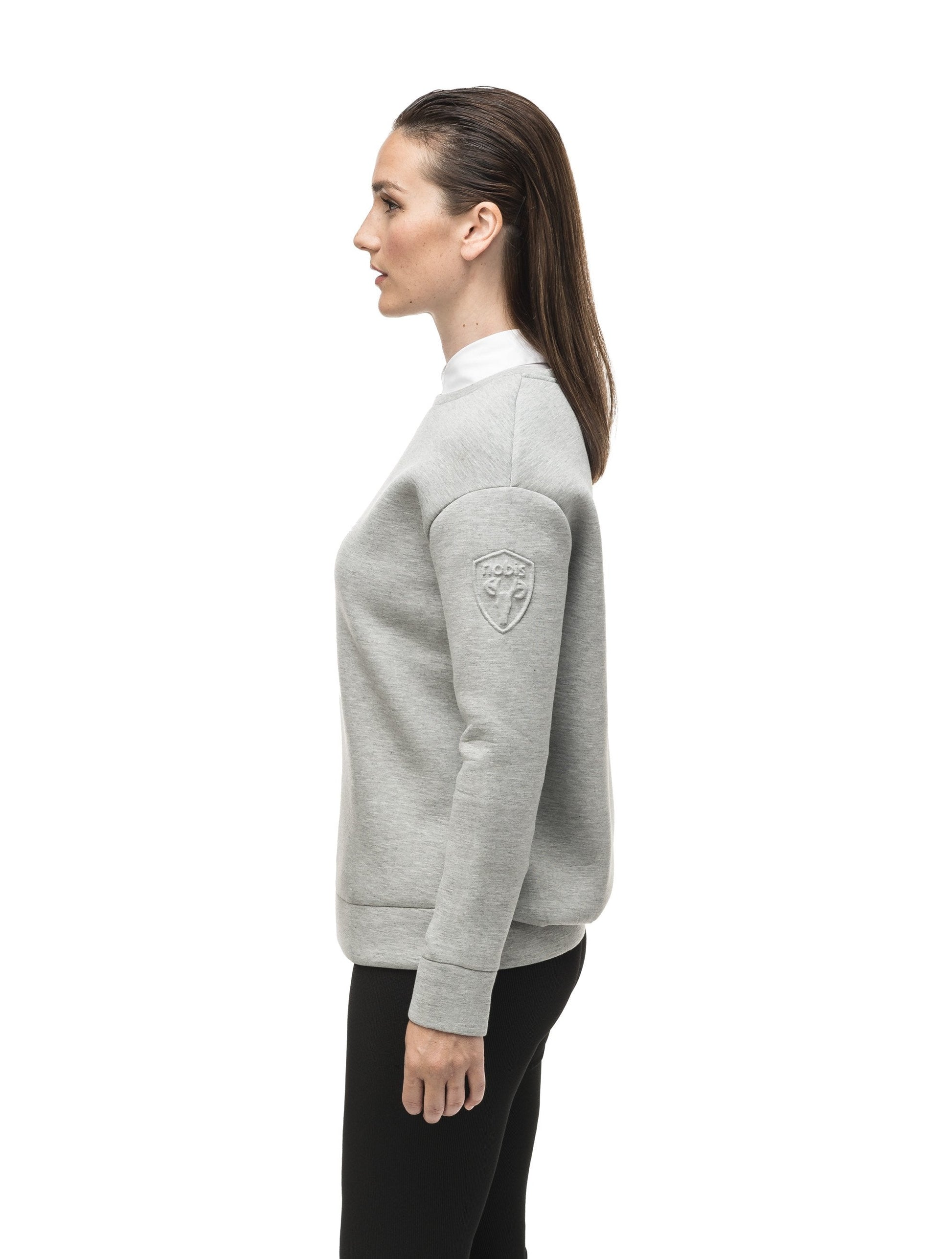 Classic women's crew neck pullover with fold over hem detail in Grey Melange