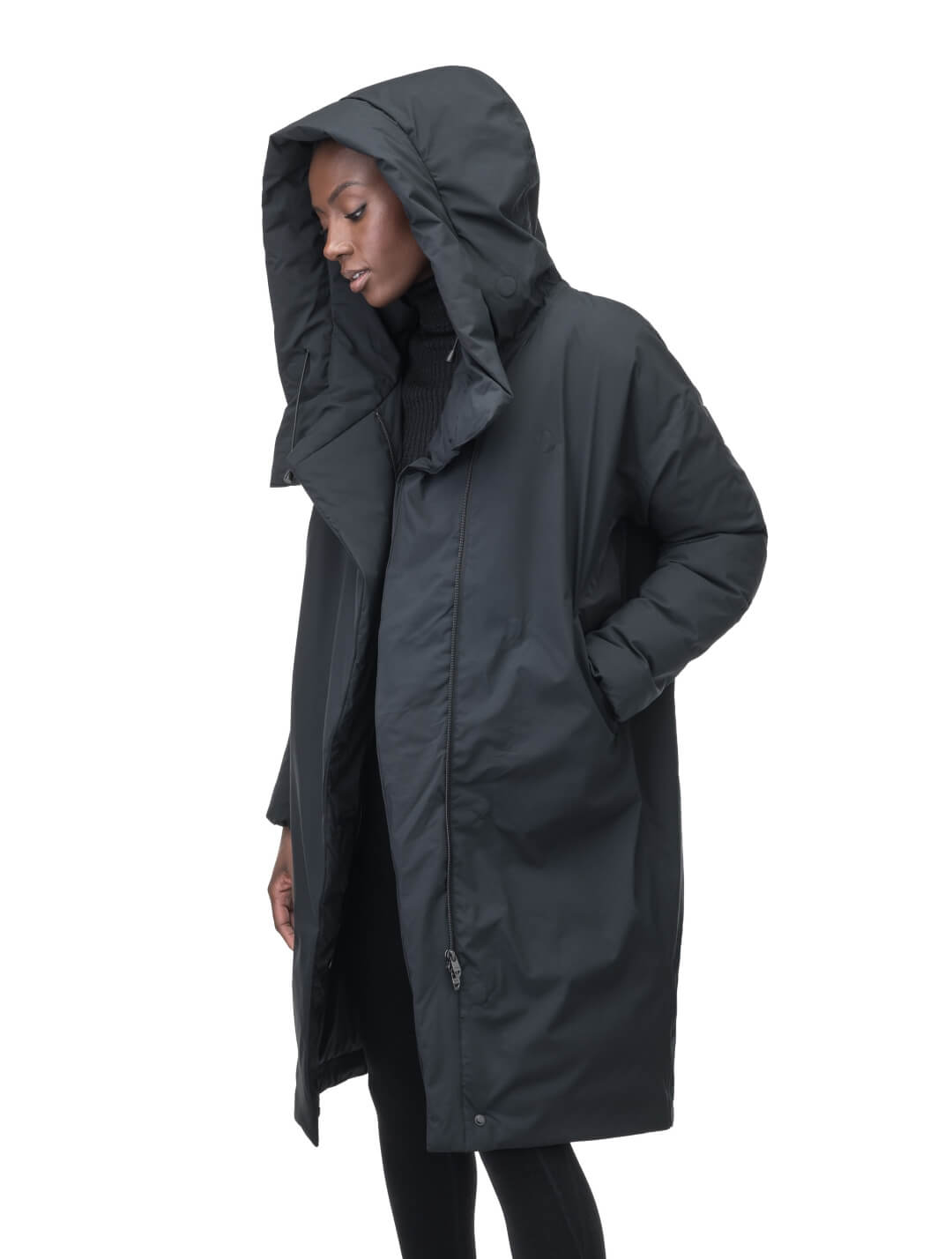 Axis Ladies Oversized Coat in knee length, Canadian duck down insulation, and two-way front zipper, in Black