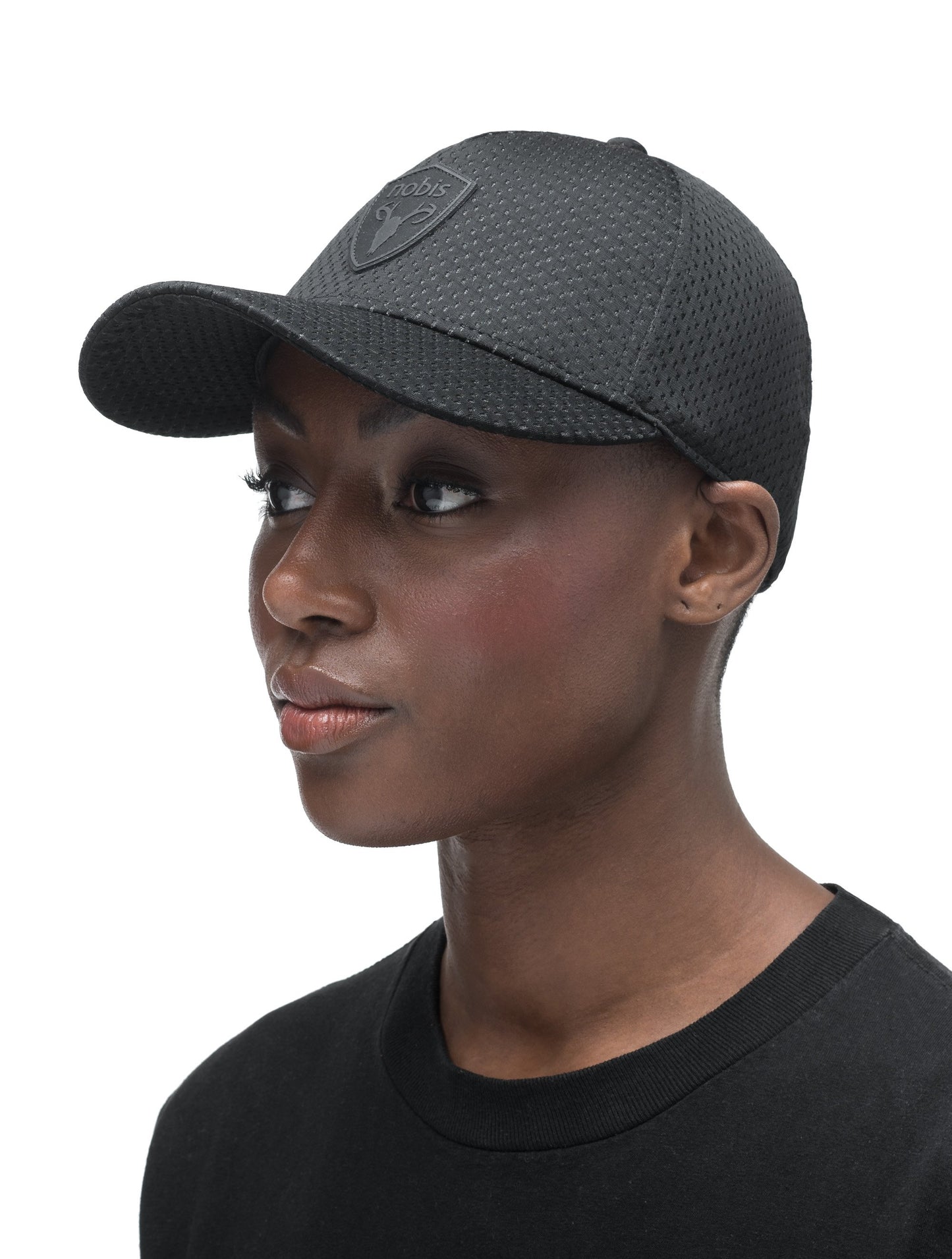 Unisex jersey 5-panel baseball hat with curved brim and adjustable strap at back in Black