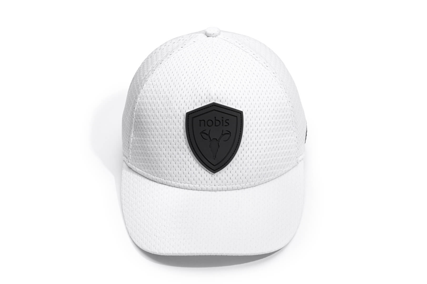 Ciryl Gane x Nobis 5-Panel Adjustable Cap in 5-panel jersey construction, curved brim, adjustable strap at back, tonal black Nobis shield logo attached on crown front, "Bon Gamin" embroidered on the left, and flag of France embroidered on the back, in White