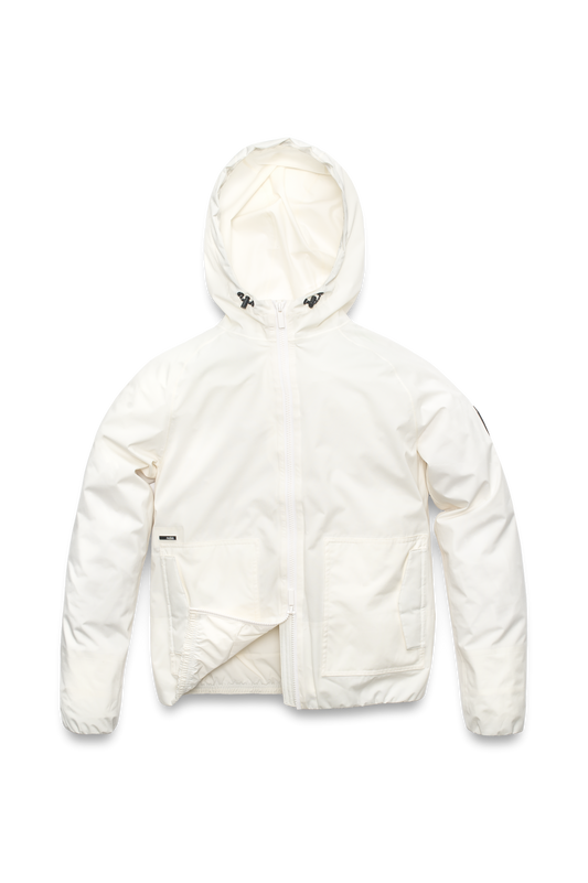 Women's hip length waterproof jacket with non-removable hood and two-way zipper in Chalk