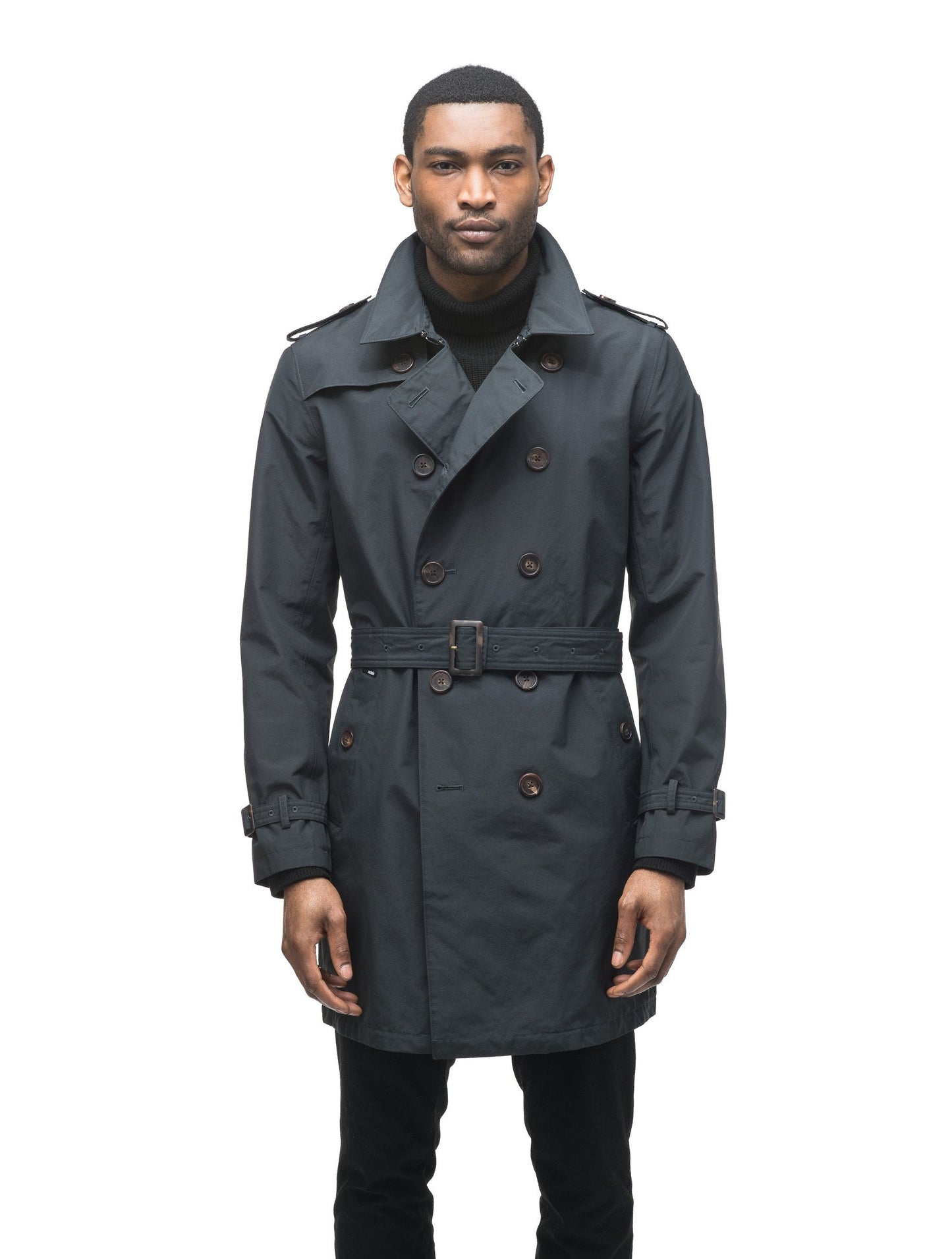 Men's thigh length trench coat with removable belt in Black