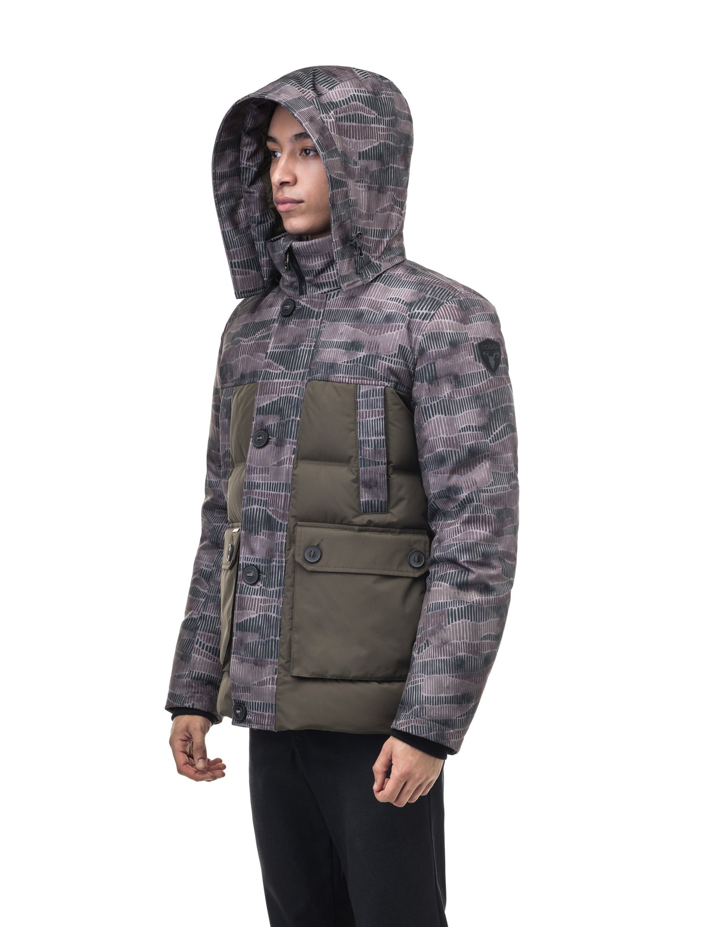 Cardinal Men's Puffer Parka in hip length, Canadian duck down insulation, removable hood, quilted body, and two-way front zipper, in Dark Sandstorm