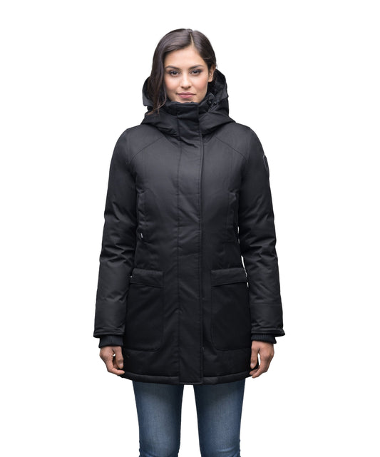 Carla Furless Ladies Parka in thigh length with Canadian Premium White Duck Down insulation, non-removable hood, centre-front zipper with magnetic closure wind flap, and four exterior pockets, in Black