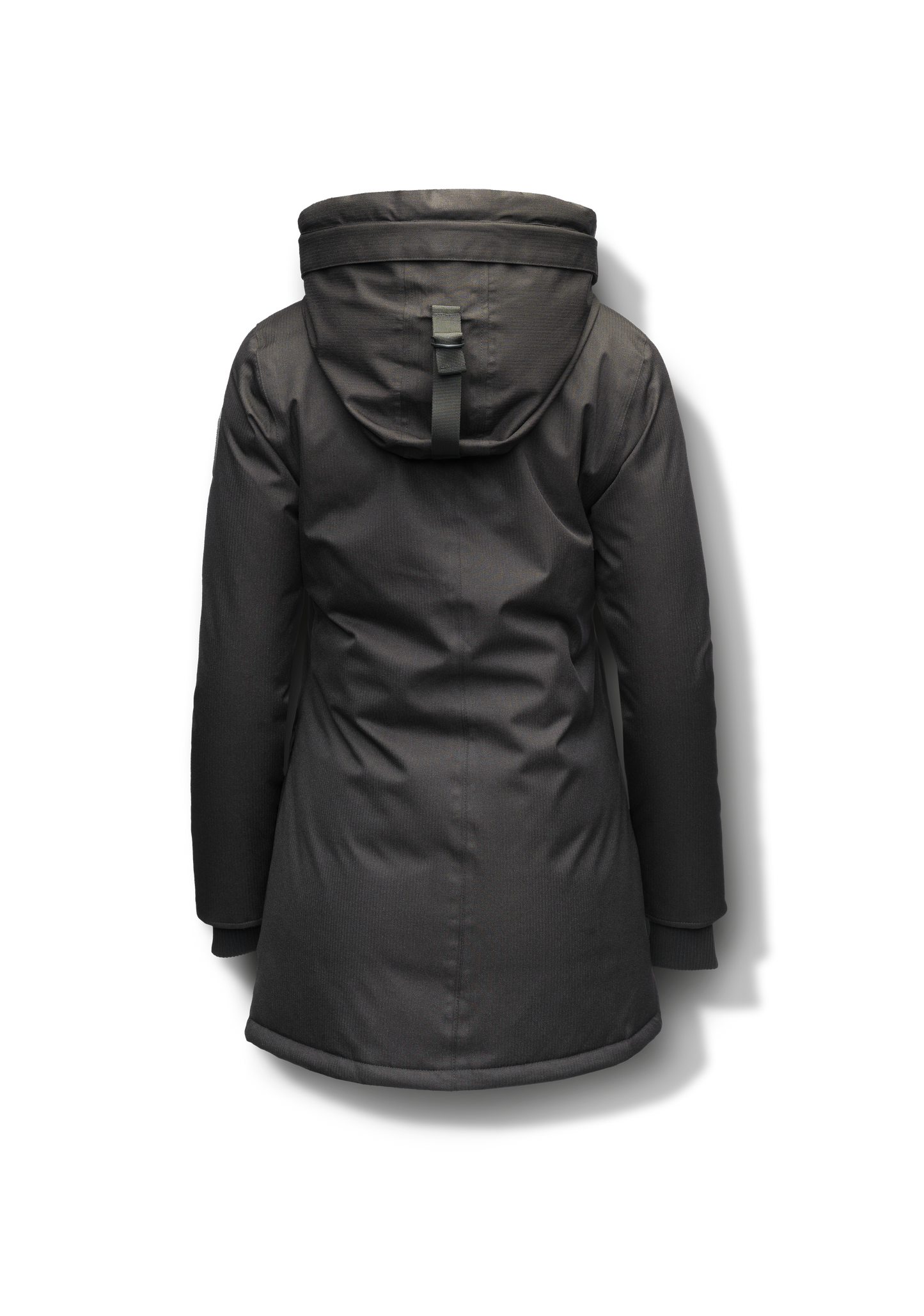 Women's down filled parka that sits just below the hip with a clean look and two hip patch pockets in BlackCarla Furless Ladies Parka in thigh length with Canadian Premium White Duck Down insulation, non-removable hood, centre-front zipper with magnetic closure wind flap, and four exterior pockets, in Black