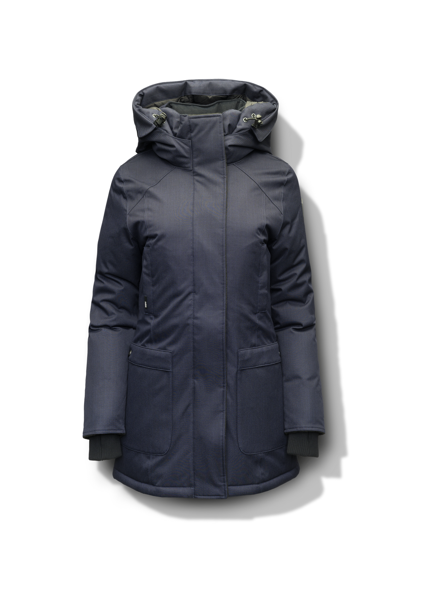 Women's down filled parka that sits just below the hip with a clean look and two hip patch pockets in BlackCarla Furless Ladies Parka in thigh length with Canadian Premium White Duck Down insulation, non-removable hood, centre-front zipper with magnetic closure wind flap, and four exterior pockets, in Navy