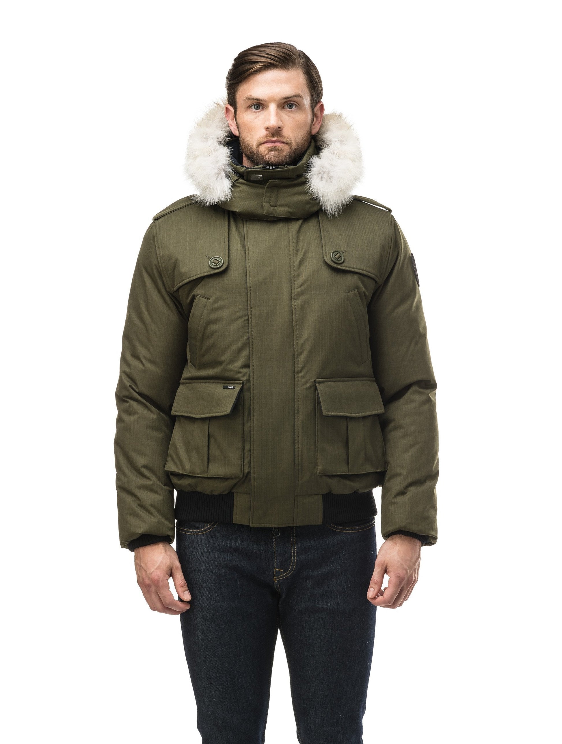 Men's down filled bomber that sits just above the hips with a completely removable hood that's windproof, waterproof, and breathable in CH Fatigue