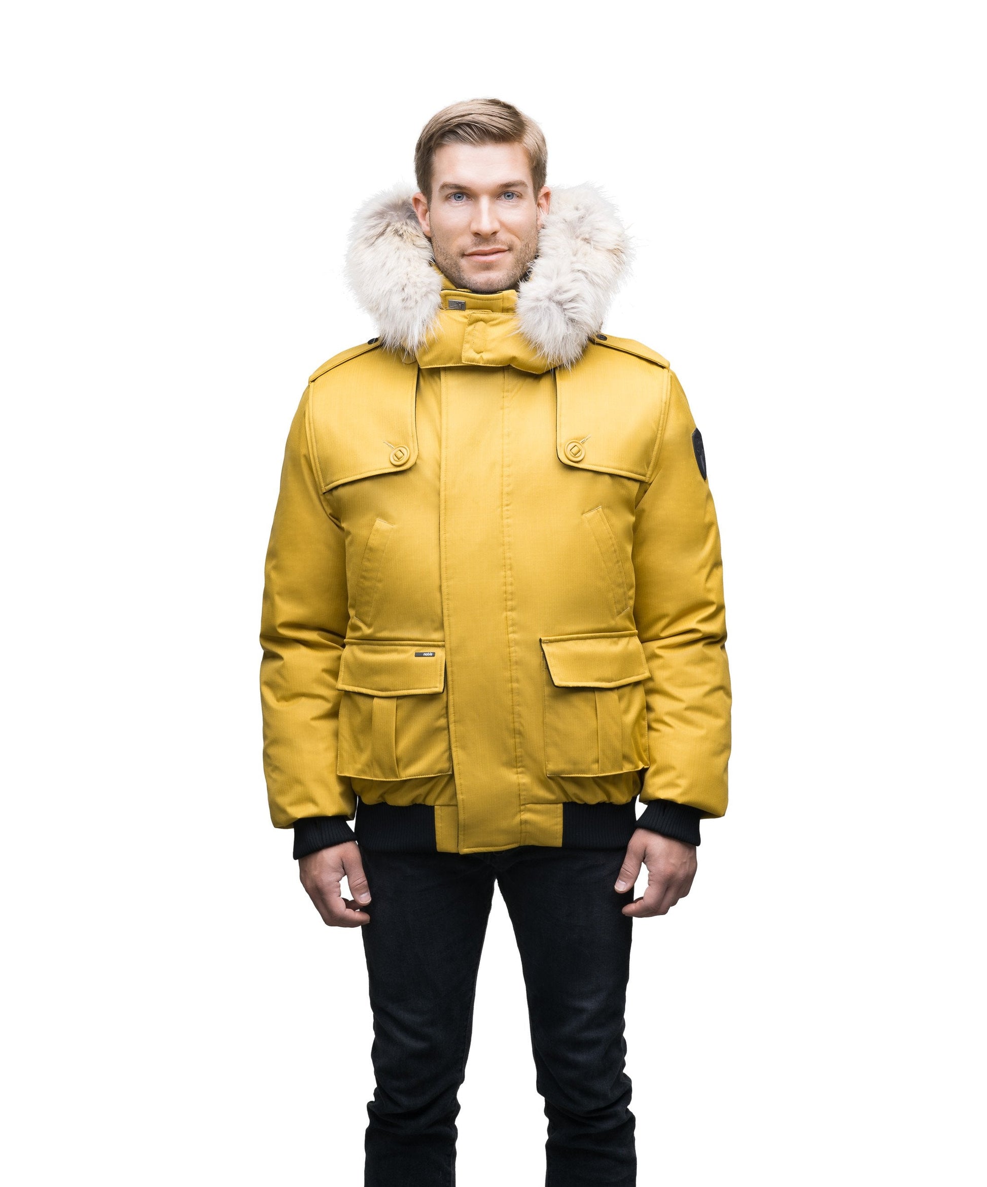 Men's down filled bomber that sits just above the hips with a completely removable hood that's windproof, waterproof, and breathable in CH Yellow