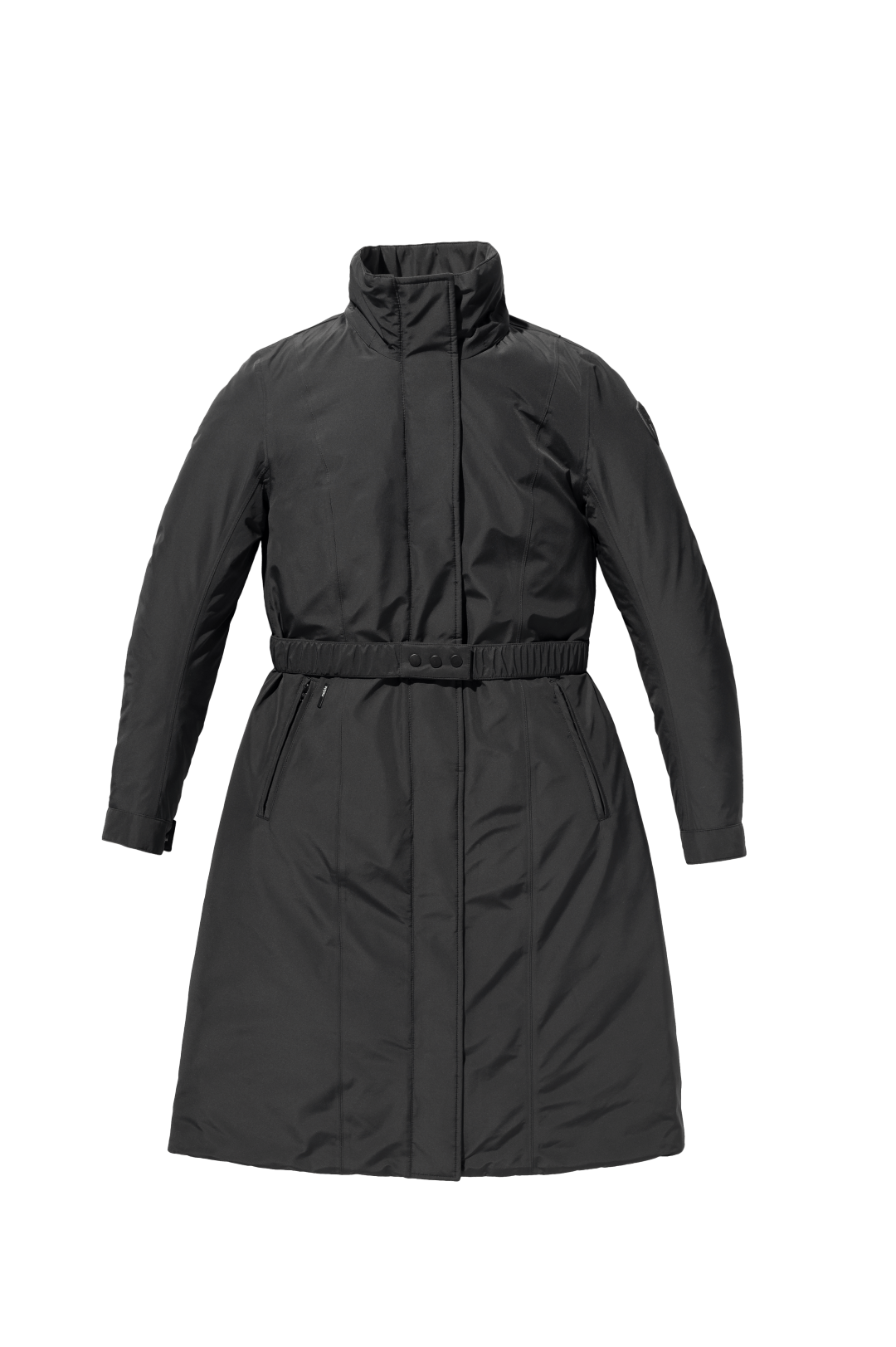 Celest Ladies Duster Parka in knee length, Canadian duck down insulation, removable hood and coyote fur trim, with adjustable belt, in Black